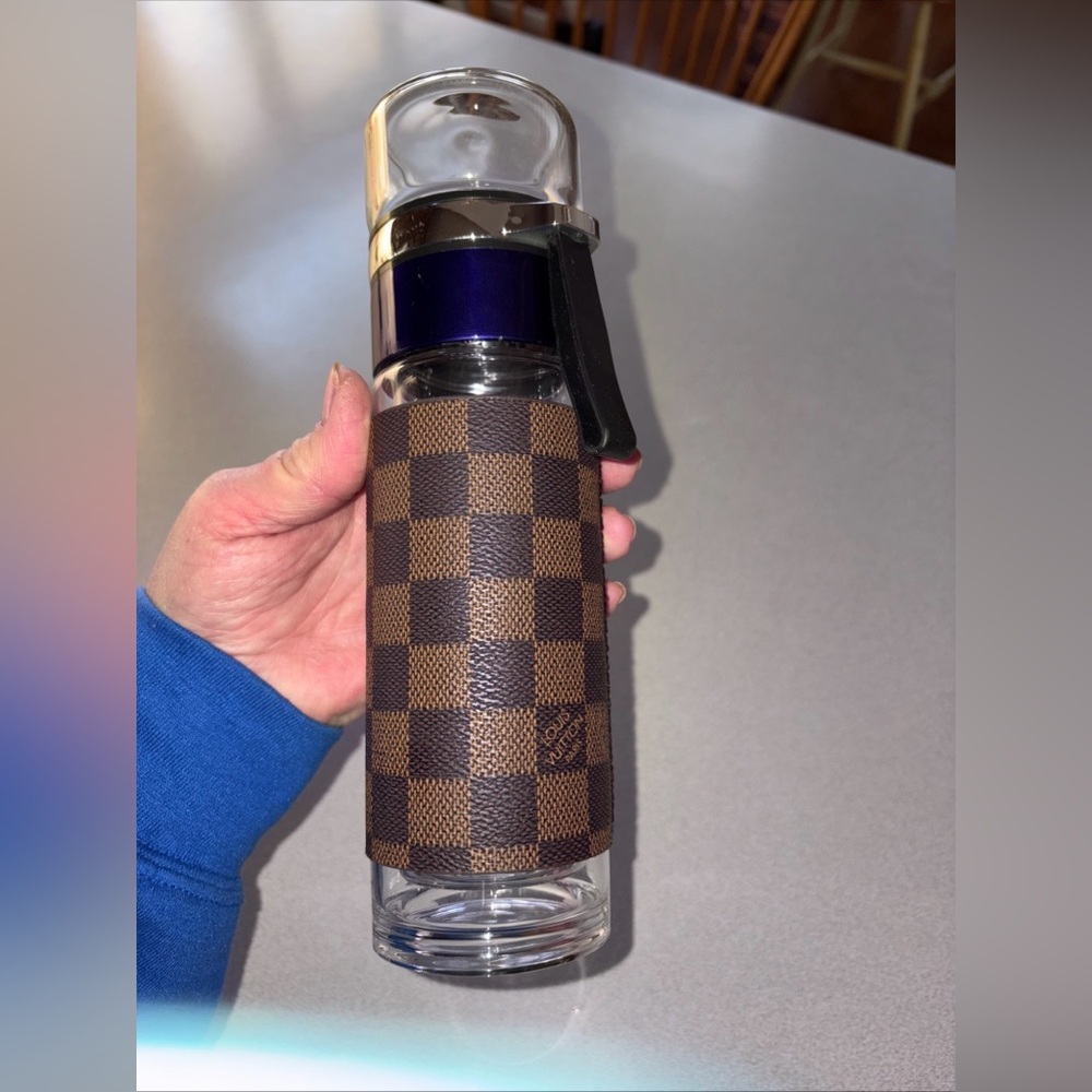 Louis Vuitton Checkered Glass Bottle with Black and Brown Sleeve
